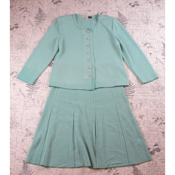 Castleberry's Jackets & Blazers - VTG Castleberry knit Skirt Suit Aqua Gold btn Pleated Union Church USA petitie 8
